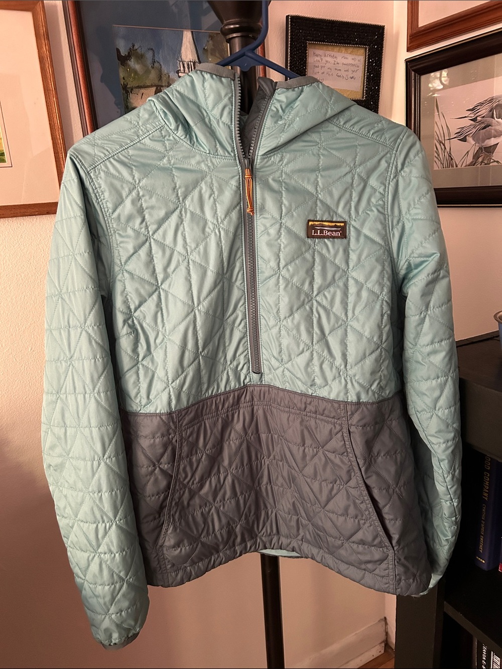 L.L. Bean Light and Dark Teal Katahdin Quilted Hooded Puffer Pullover